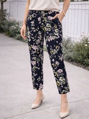 Kenar Floral Ankle Pants Size 4 Black Pink Green Slim Fit Stretch Dress Pants